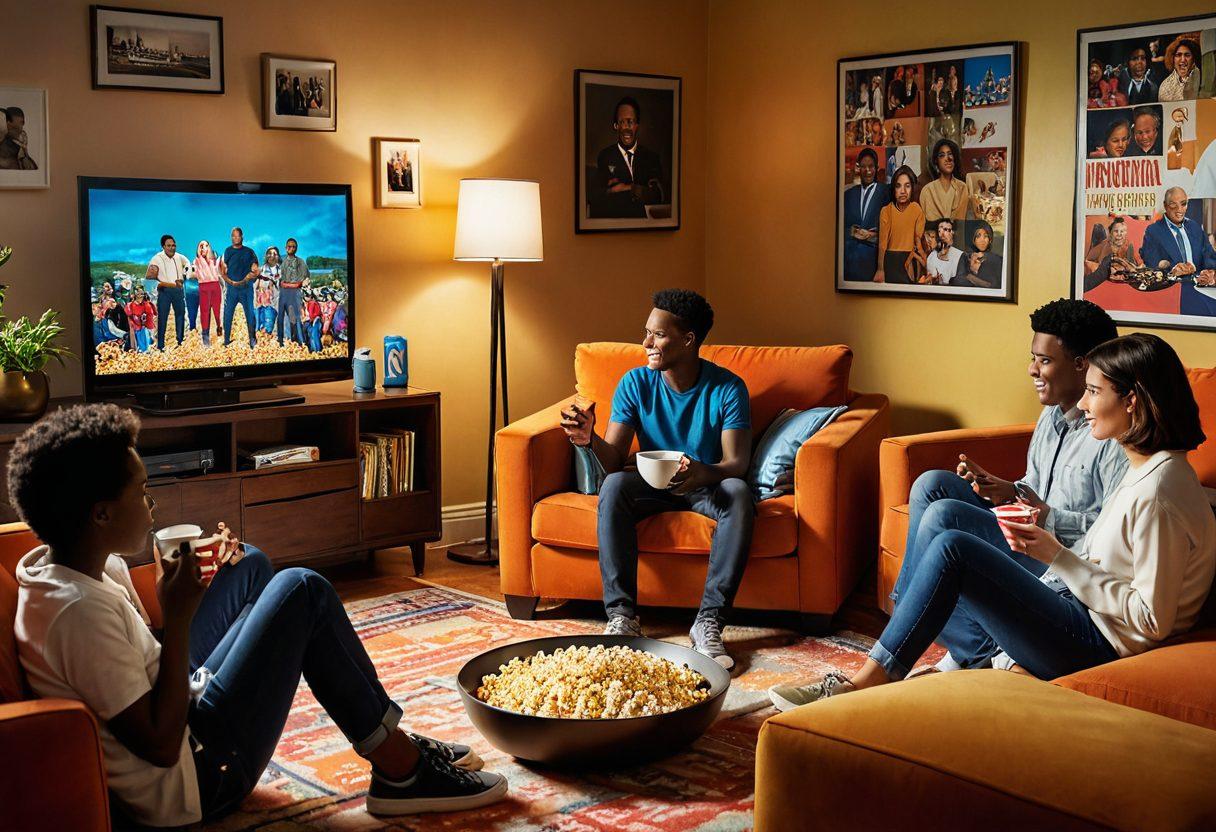 A vibrant collage showcasing iconic scenes from popular ITV shows, with an overlay of hidden gems like lesser-known series. Include a diverse group of fans animatedly discussing their favorites, surrounded by popcorn and TV remotes. The background features a cozy living room setting, completed with a glowing television screen displaying dramatic highlights. Capture the essence of entertainment and community. colorful illustration. warm tones. engaging composition.
